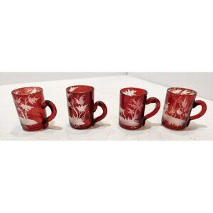 Vtg Set of 4 Bohemian Flash Glass Red Etched Deer Miniature Shot Mugs 1.75" Tall